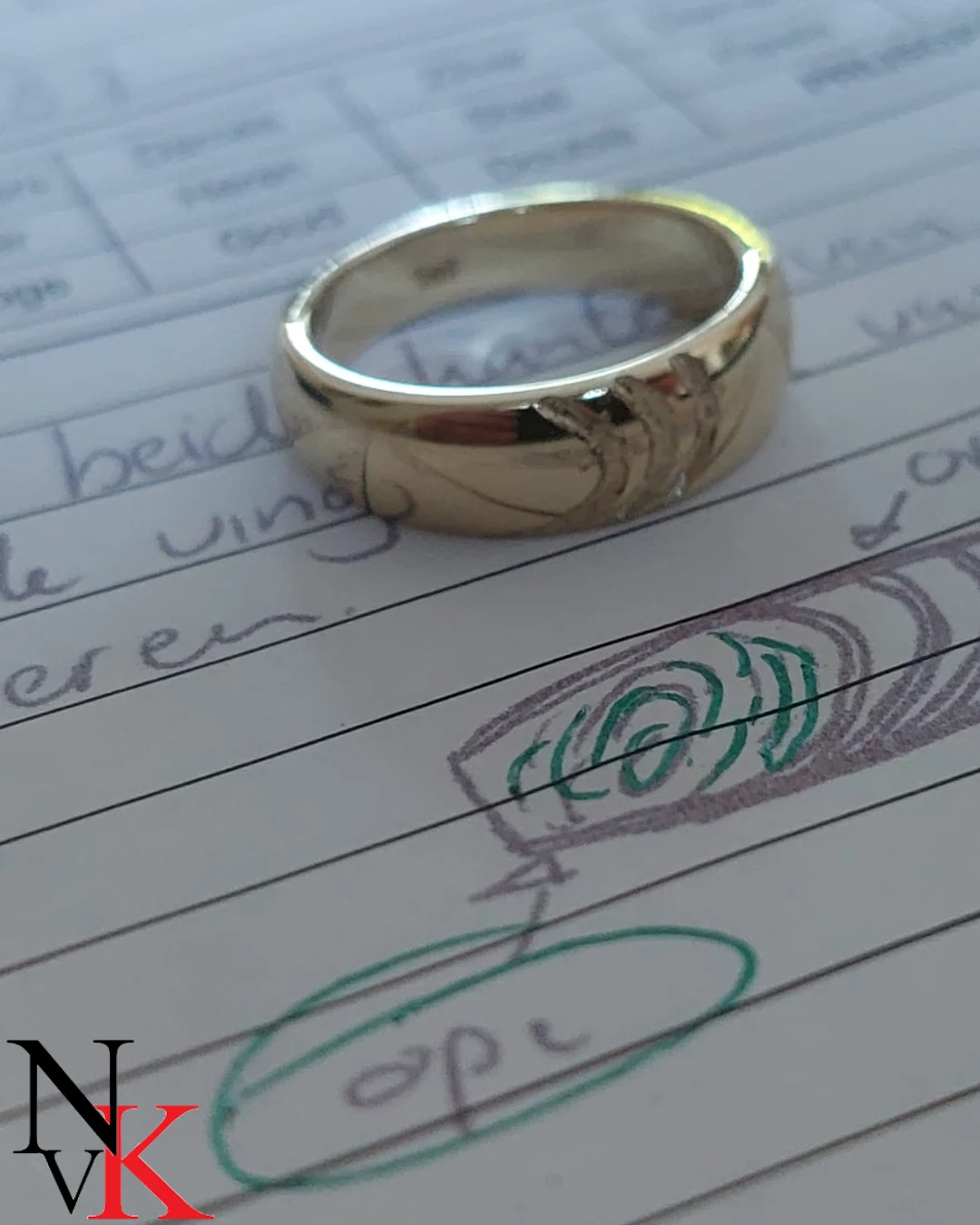 NvK Goudsmederij gouden ring met oudgoud met vingerafdrukken